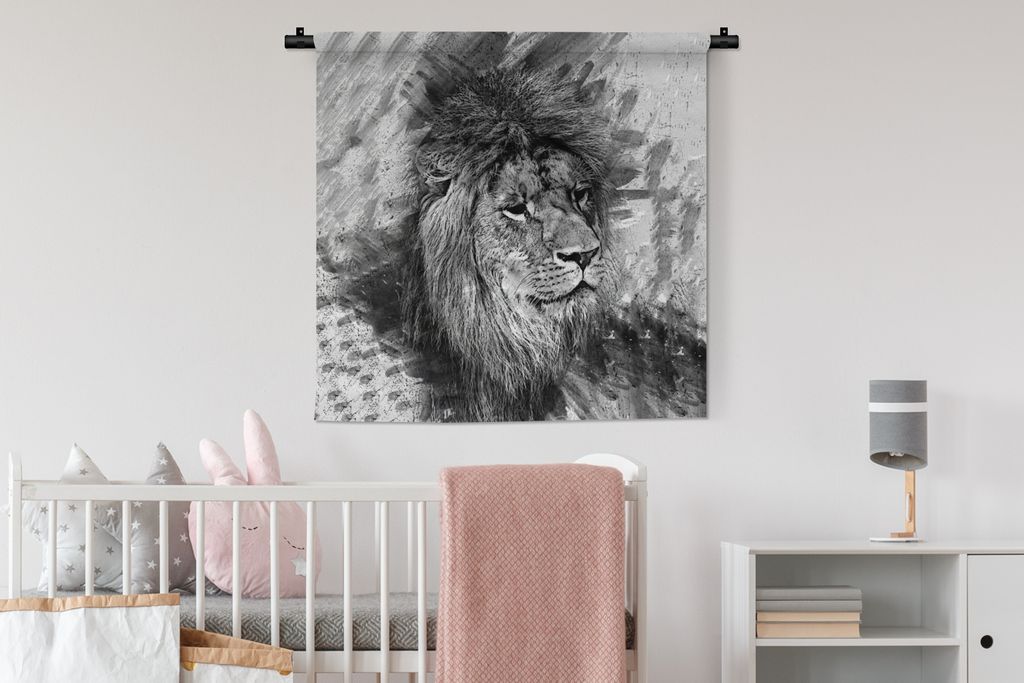 MuchoWow Wandteppich Wandbehang Löwe - Muster - Schwarz - Weiß 90x90 cm Tapisserie Dekoration Wandtuch - Wandaufhänger