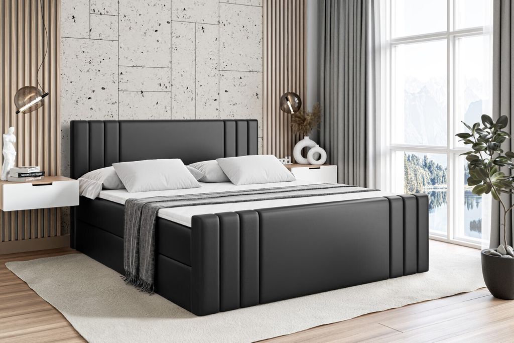 ALTDECOR Boxspringbett mit Fußteil, H3 Matratze und Topper - 160x200 cm - IDRIKO-Z - Schwarz Kunstleder - Polsterbett mit Bettkasten und Lattenros...