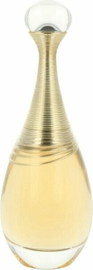 A perfume bottle with a gold-colored, ribbed neck and a clear glass base filled with yellow liquid.