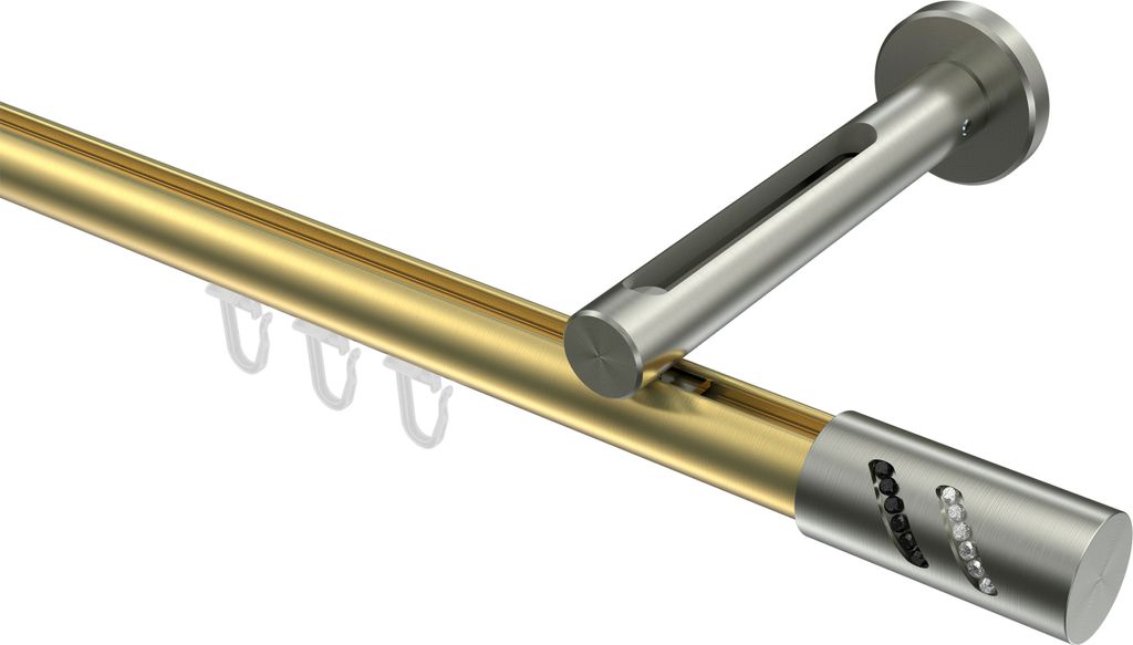 Interdeco Innenlaufstange / Gardinenstange mit Innenlauf Messing-Optik / Edelstahl-Optik, Typ Siteno Zoena (Glitzerzylinder), 20 mm Ø 1-läufig, 1...