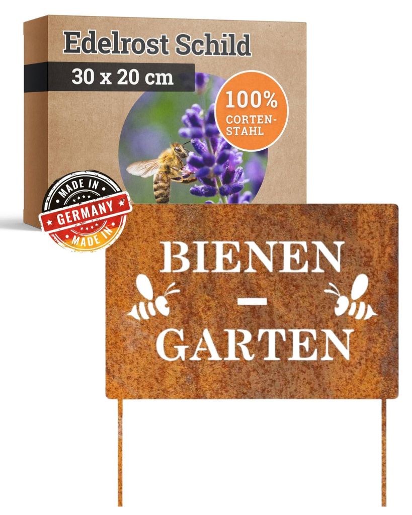 Edelrost Schild mit Stecker Bienen Garten