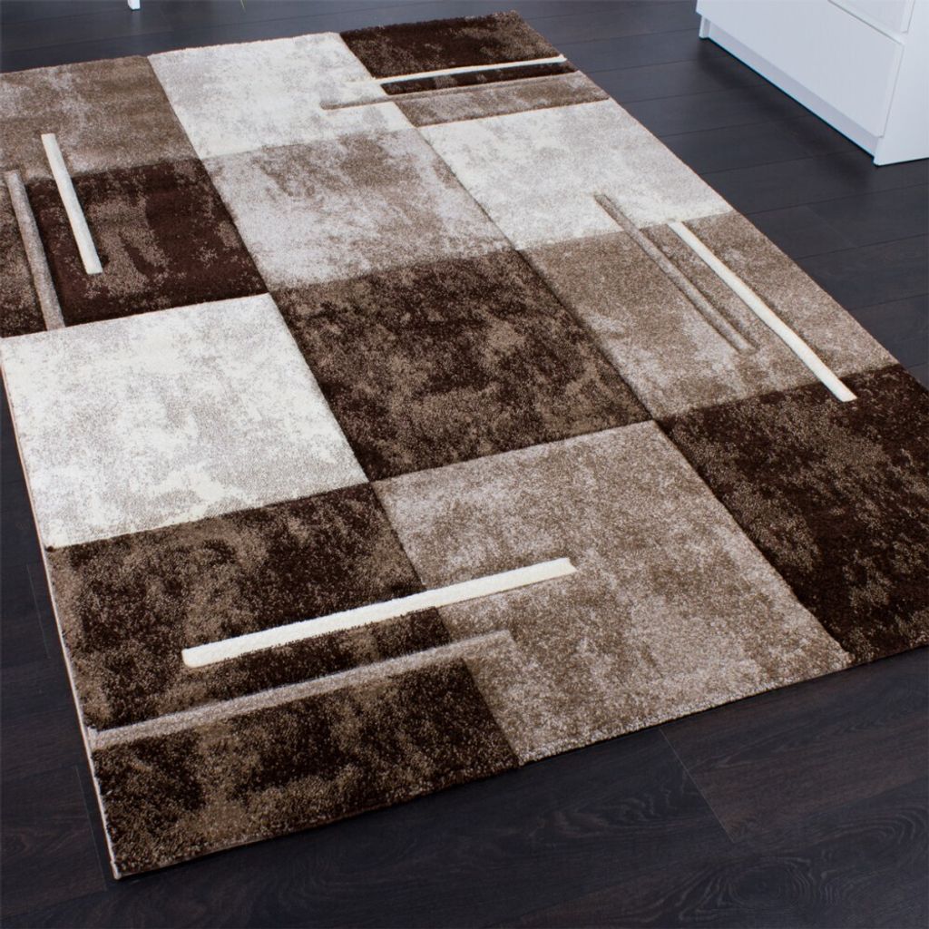 Designer Teppich Modern mit Konturenschnitt Karo Muster Marmor Optik Braun Creme Grösse 240x330 cm