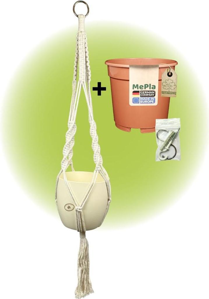 MePla - Set - Ampel Makramee Naturbeige - Basel ø16 Perlmutt + Kulturtopf ø15 + Beipack-Set 21550-001