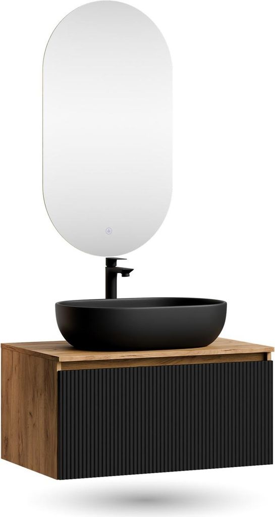 Planetmöbel ARISA Badmöbel Set in Schwarz Geriffelt - Mit LED Spiegel und schwarzem Keramik-Aufsatzwaschbecken 60 cm