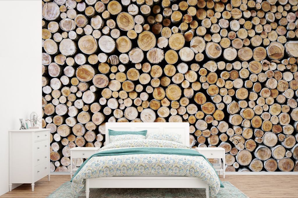 MuchoWow Fototapete für Wohnzimmer oder Schlafzimmer Wandtapete Vinyl Motivtapete Ein Stapel Holzscheite für die Verwendung als Brennholz - 600...