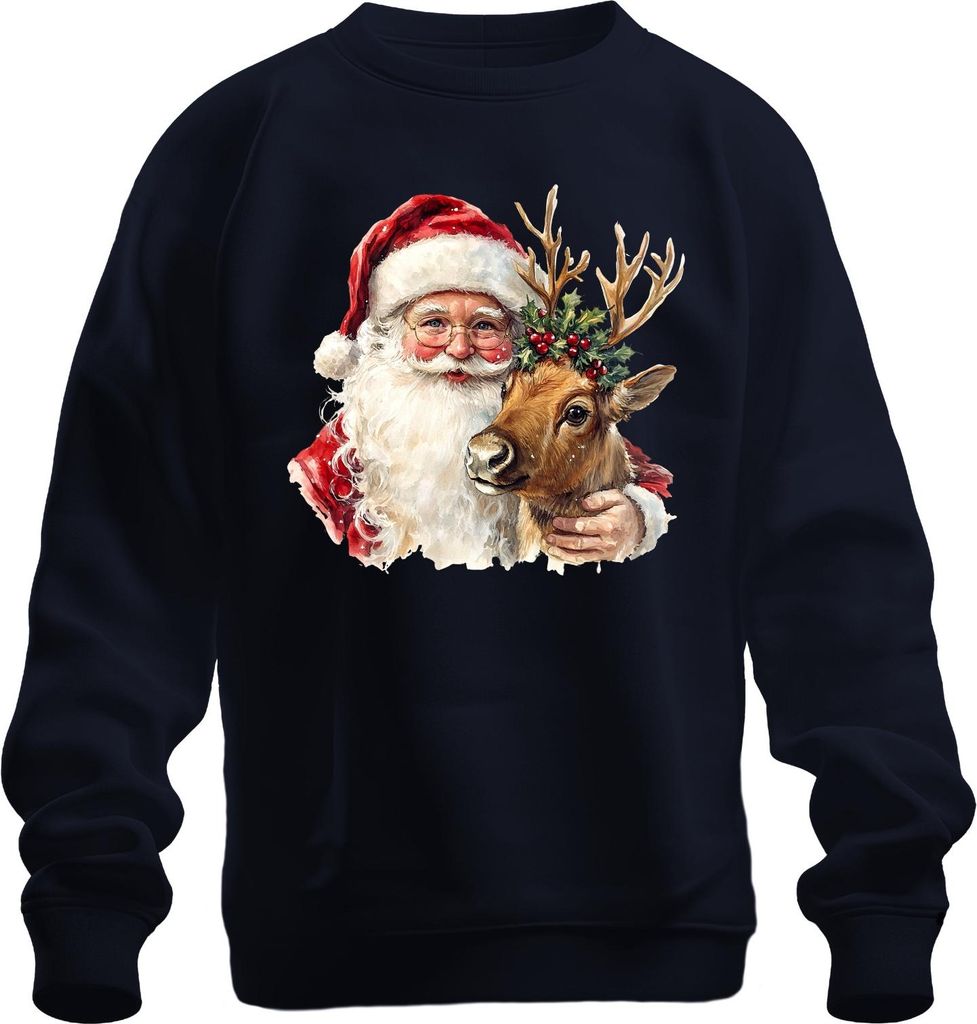 Weihnachtsmann Rentier Aquarell Weihnachten Geschenk Vintage Uni Sweatshirt Pullover, Navy, L