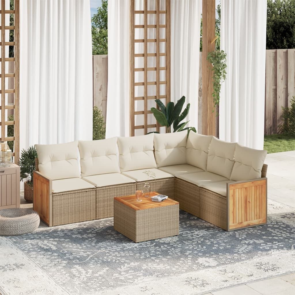 Design 7-tlg. Garten-Sofagarnitur mit Kissen Beige Poly Rattan, Gartenmöbel-Sets 2024 Neu