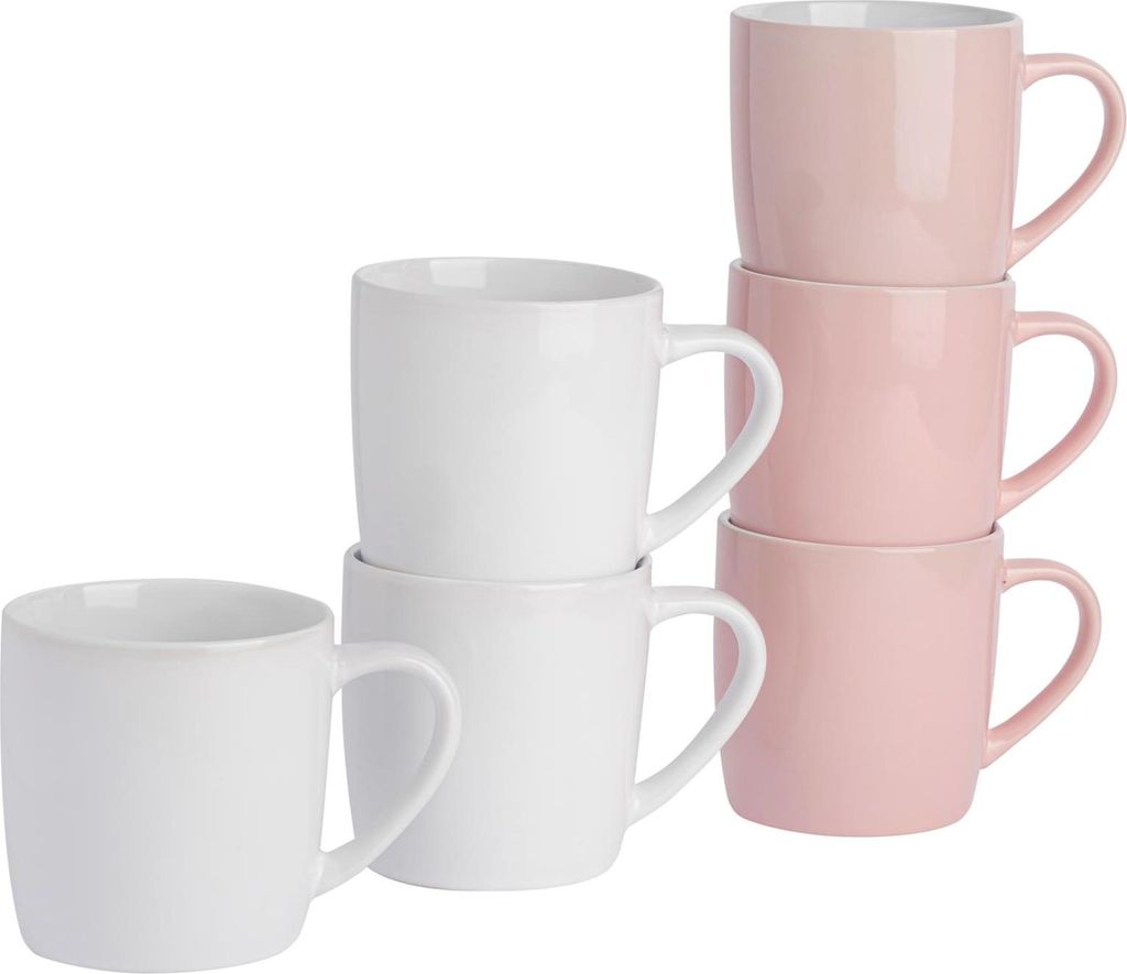 Argon Ta Farbige Kaffeetassen – 350 ml – Rosa/Weiß – 6er-Pack – Robuste Teetasse aus Steingut, spülmaschinen- und mikrowellengeeignet