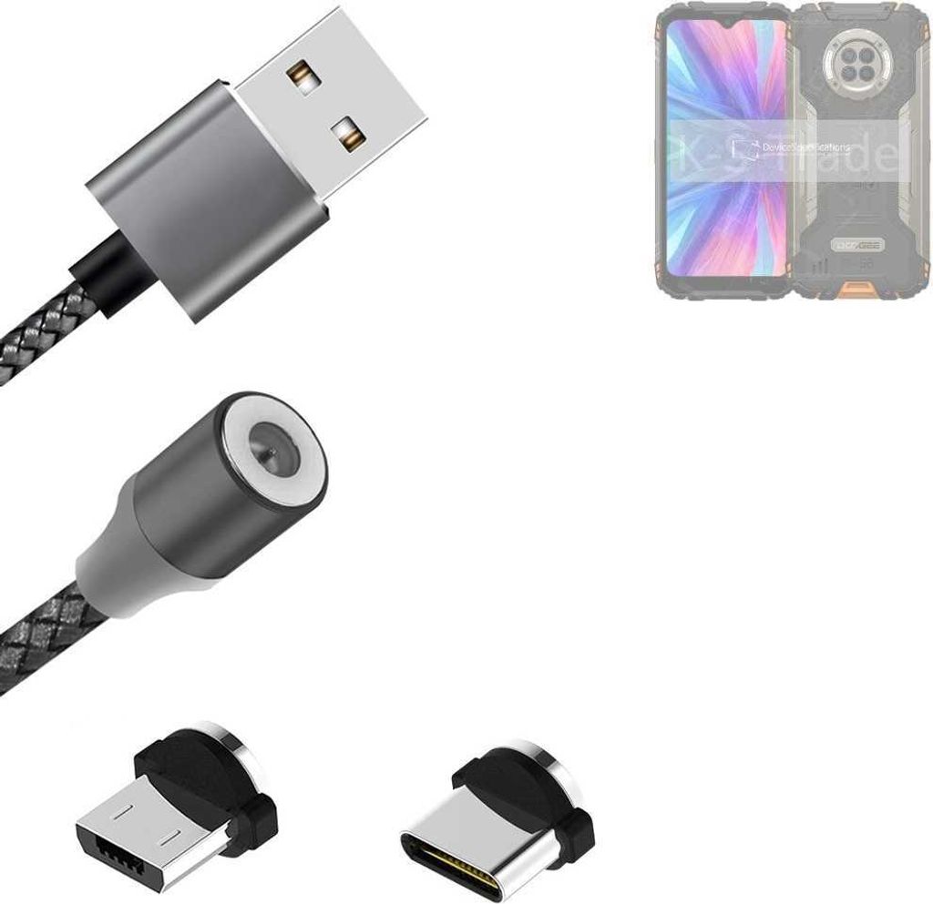 K-S-Trade Hochwertiges Magnet-Lade-kabel Sync-Kabel Daten-Kabel kompatibel mit Doogee S96 GT mit USB-Typ-C-Anschluss und Micro-USB-Anschluss 2A bis zu