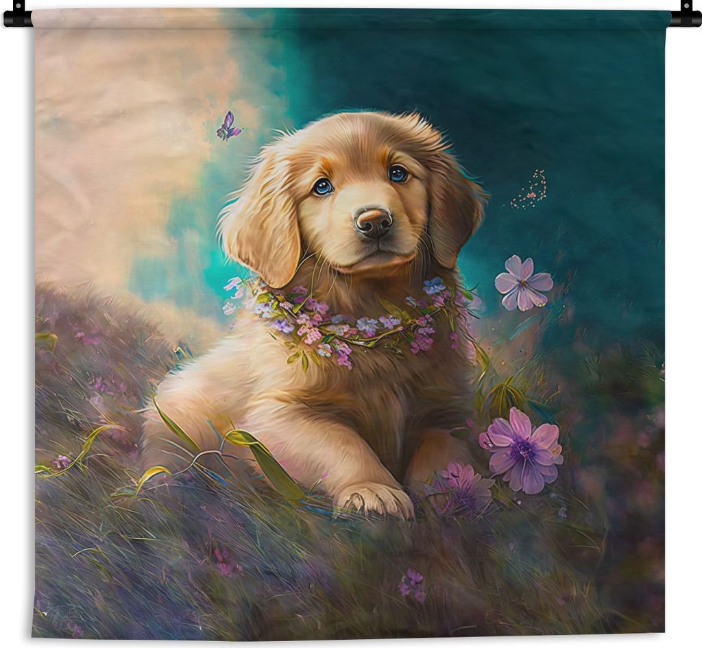 MuchoWow Wandteppich Wandbehang Welpe - Blumenkranz - Schmetterling - Hund - Golden Retriever 90x90 cm Tapisserie Dekoration Wandtuch - Wandaufh...