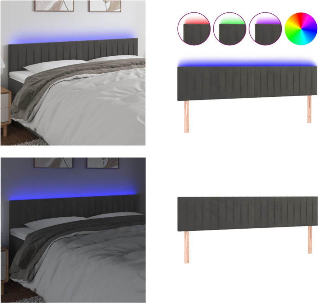 vidaXL LED Kopfteil Dunkelgrau 180x5x78/88 cm Samt - LED Kopfteil - LED Kopfteile - Kopfteil - Bett-Kopfteil
