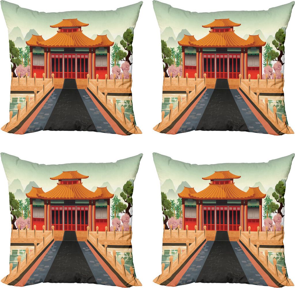 ABAKUHAUS Vintage China Kissenbezug Set (4 Stück), Chinesisches Gebäude Asien, Moderner Doppelseitiger Digitaldruck, 50 cm x 50 cm, Mehrfarbig