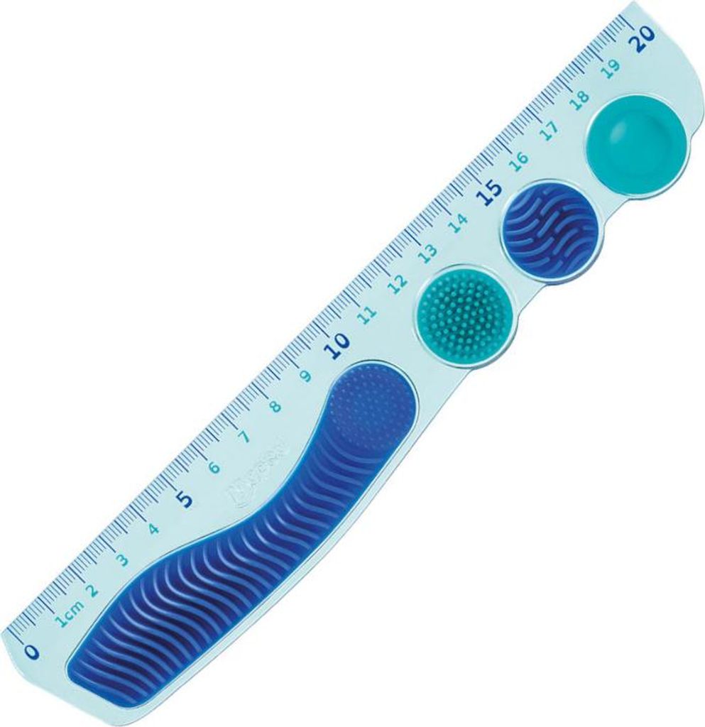 A ruler with textured circles and a grip area, against a white background.
