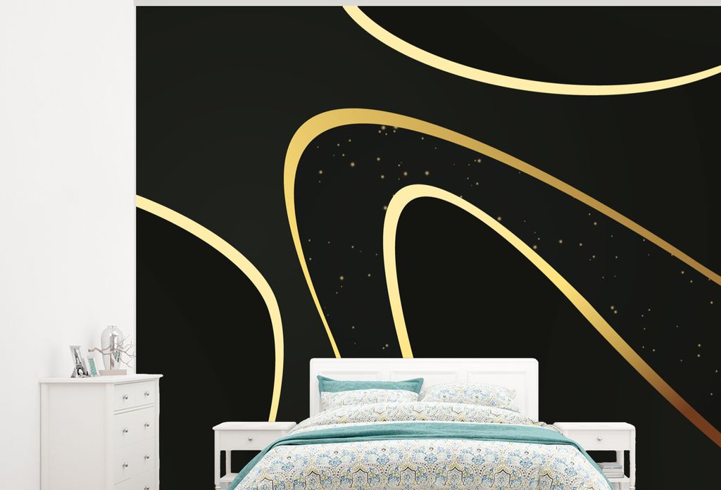 MuchoWow Fototapete für Wohnzimmer oder Schlafzimmer Wandtapete Vinyl Motivtapete Goldene Wellen auf schwarzem Hintergrund - 375x300 cm - Tapezi...