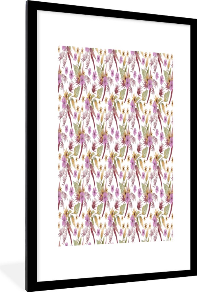 MuchoWow MuchoWow Gerahmtes Poster Blumen - Lila - Muster 60x90 cm - Poster mit zchwarzem Bilderrahmen - Dekoration - Wandposter Wohnzimmer - H...