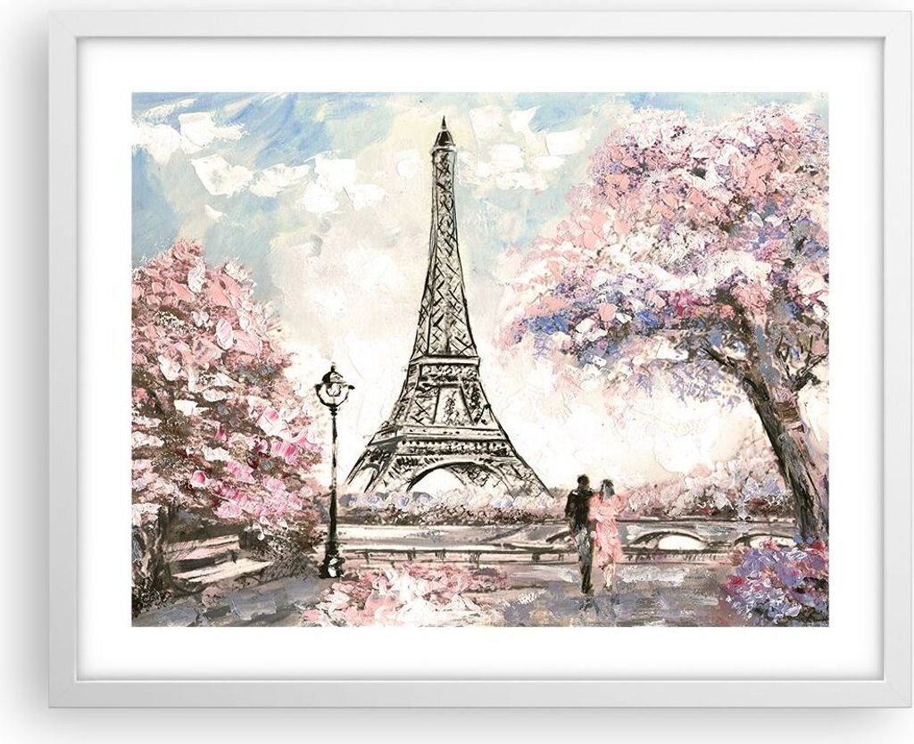 Gerahmtes Poster - Weißer Rahmen - Bäume Eiffle Paar Frankreich - 50x40 cm - Wand Bild - Wanddeko - Wandbilder - Wandposter - Bilderrahmen - Bild...