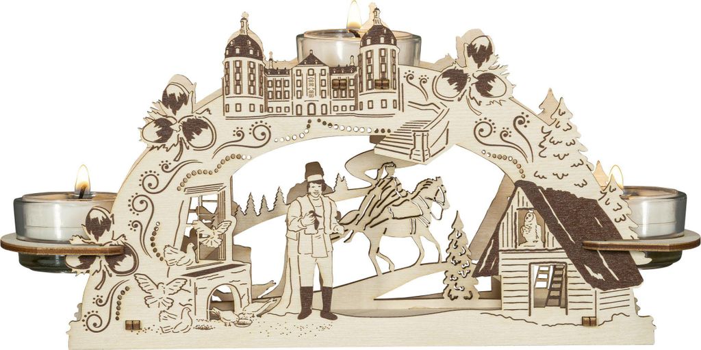 A wooden candle holder shaped like a festive scene with a castle, a person on a horse, and a small house.