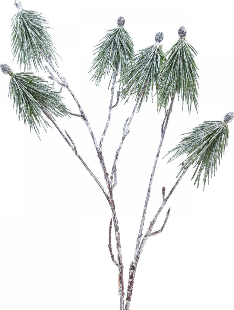 Künstlicher Bergkieferzweig als Winterdeko mit beschneiten Knospen