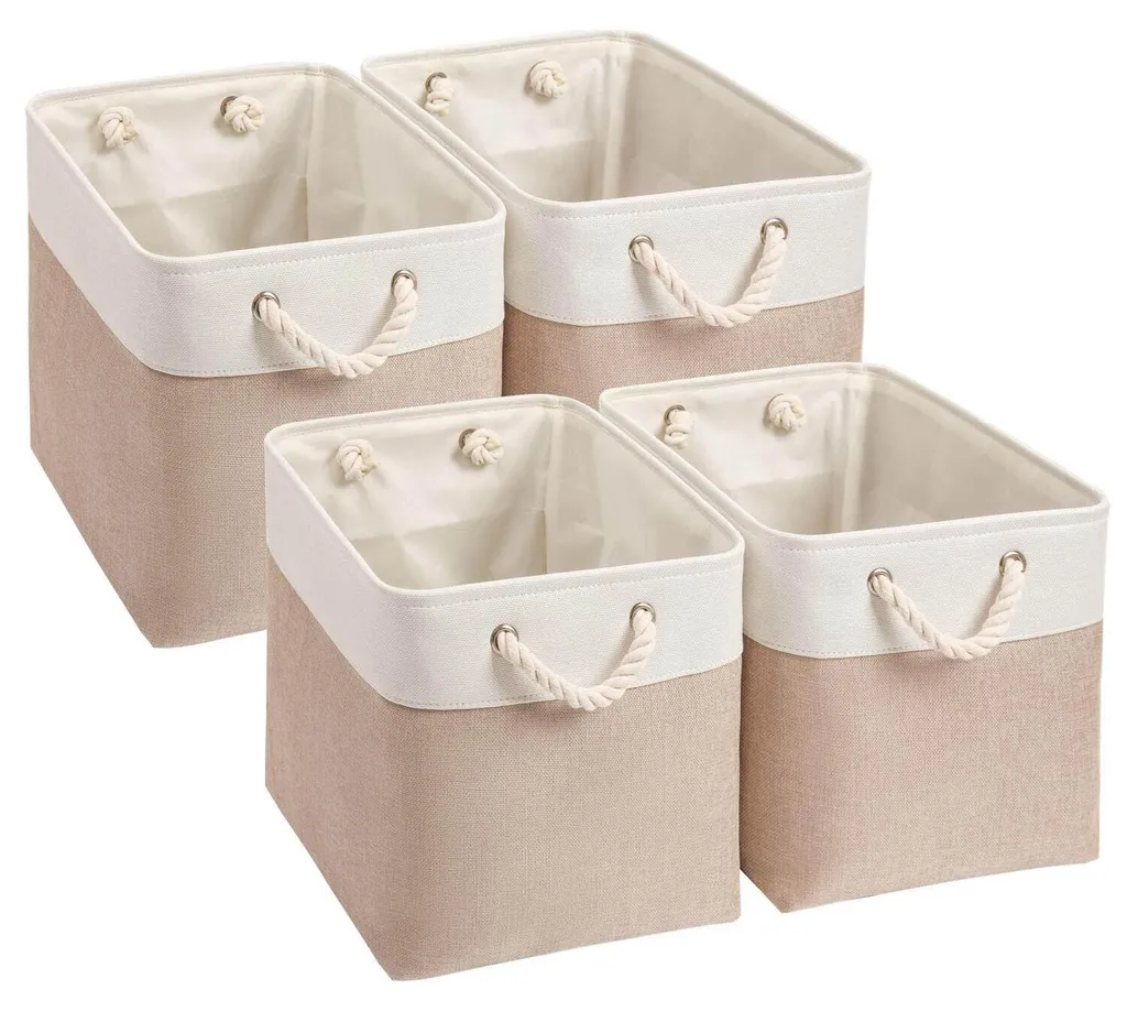 Panier en tissu cube de rangement pour étagère et dressing kaki et blanc