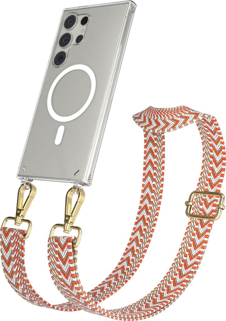 EAZY CASE - Handykette mit MagSafe Hülle für Samsung Galaxy S24 Ultra, Handyband ZigZag Style,Karabiner Gold, Umhängeband in Beige