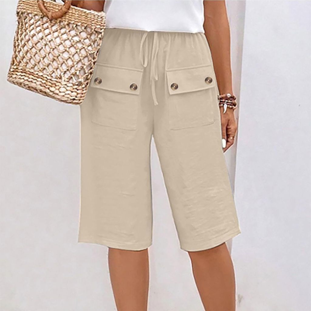 ASKSA Damen Leinen Shorts Sommer Knielang Kurze Hosen mit Taschen Stoffhose Laessig Elastische Taille Strandshorts (Apricot,L)