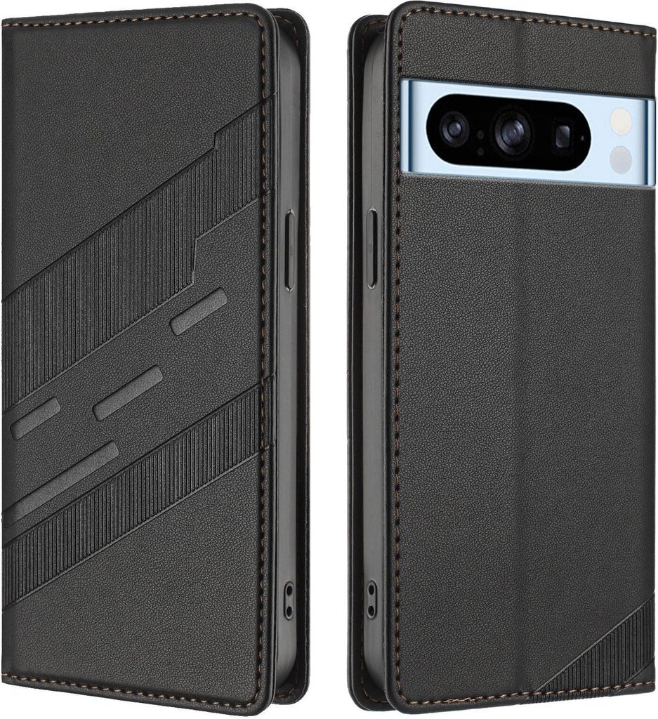 Hülle für Google Pixel 8 Pro, Kunstleder Brieftaschen Handyhülle mit Kartenfach und Standfunktion Schwarz