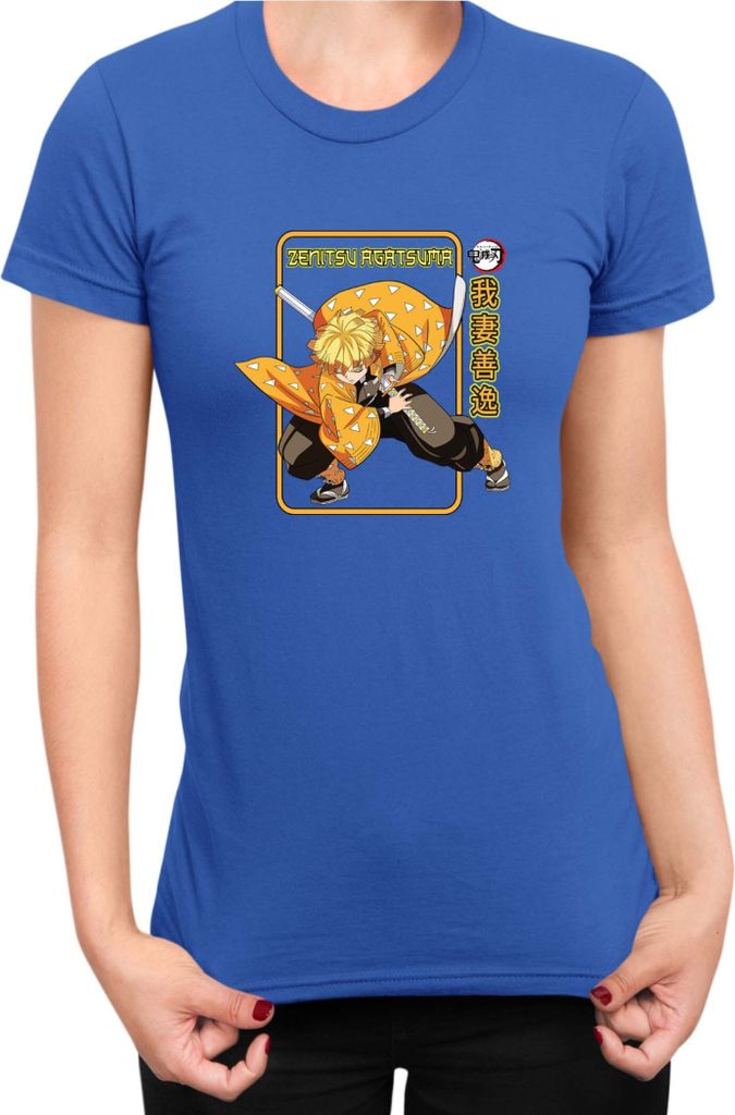 Damen T-Shirt Demon Anime Slayer Kimetsu No Yaiba Zenitsu Agatsuma Pose, Lady L / Blau