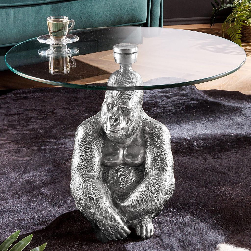 riess-ambiente Runder Couchtisch WILDLIFE KONG 60cm silber Metall Glas Affenfigur Gorilla Skulptur handmade