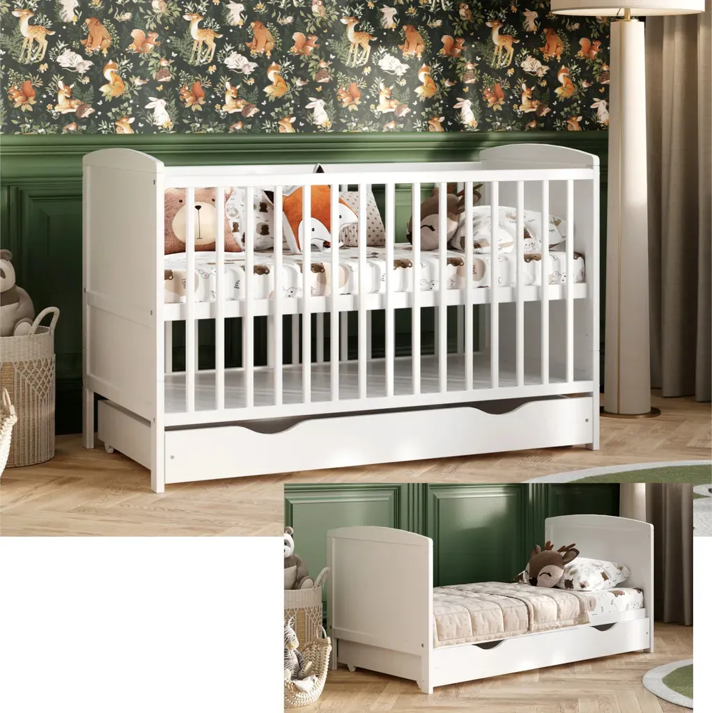 Lit bébé gain de place Leo 60x120 avec tiroir et sommier multi-hauteur