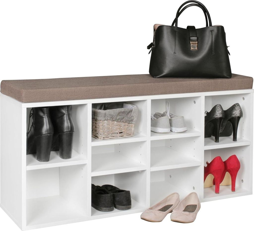 Gangbank - Bank mit Sitzkissen und Regalen - Garderobebank mit Stauraum - Weiß - 103,5x53x30cm
