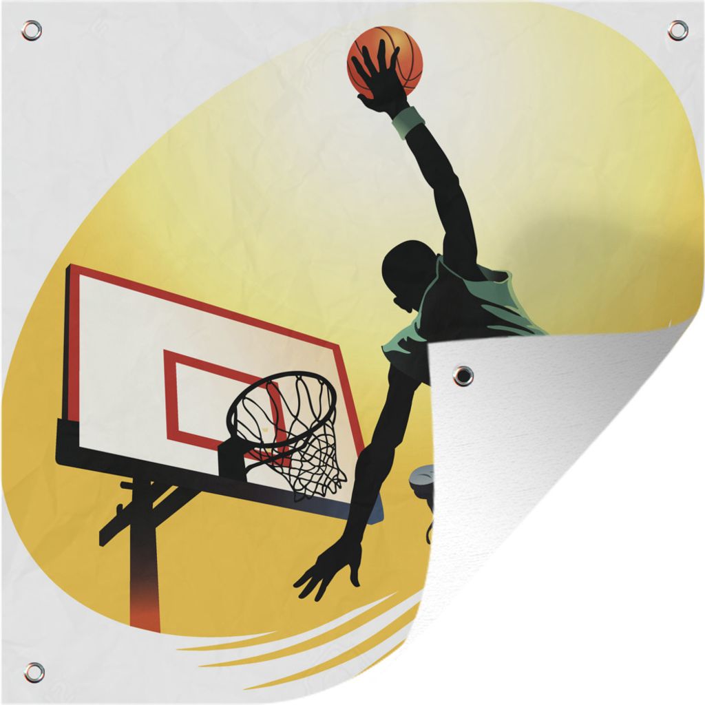 MuchoWow 50x50 cm Outdoor-Poster Gartendeko Sichtschutz Garten Poster für den Garten In einer Illustration wirft ein Basketballspieler von der ...