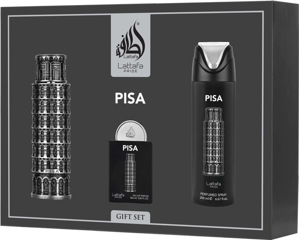 A gift set box containing perfume bottles and a spray can, all designed with a Pisa tower motif.