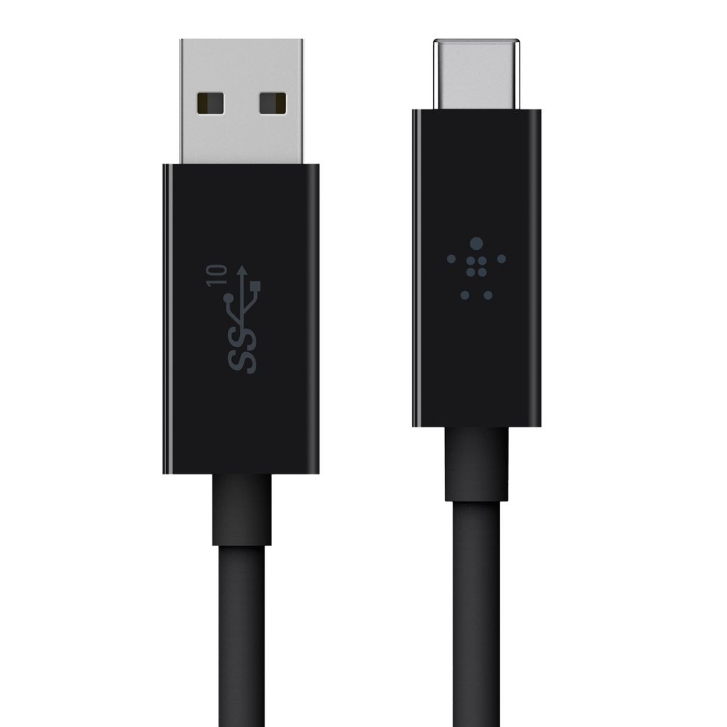 A black USB-C to USB-A cable with connectors shown against a white background.