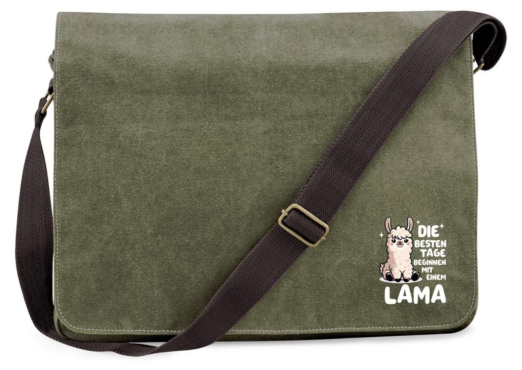 Huuraa Umhängetasche Besten Tage beginnen mit einem Lama 14 Liter Military Green Canvas Laptoptasche Geschenkidee