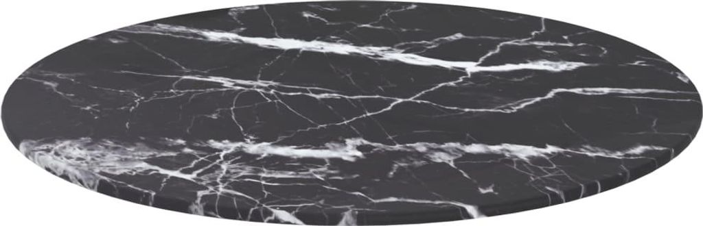 A black oval table top with white marble-like veining, isolated on a white background.