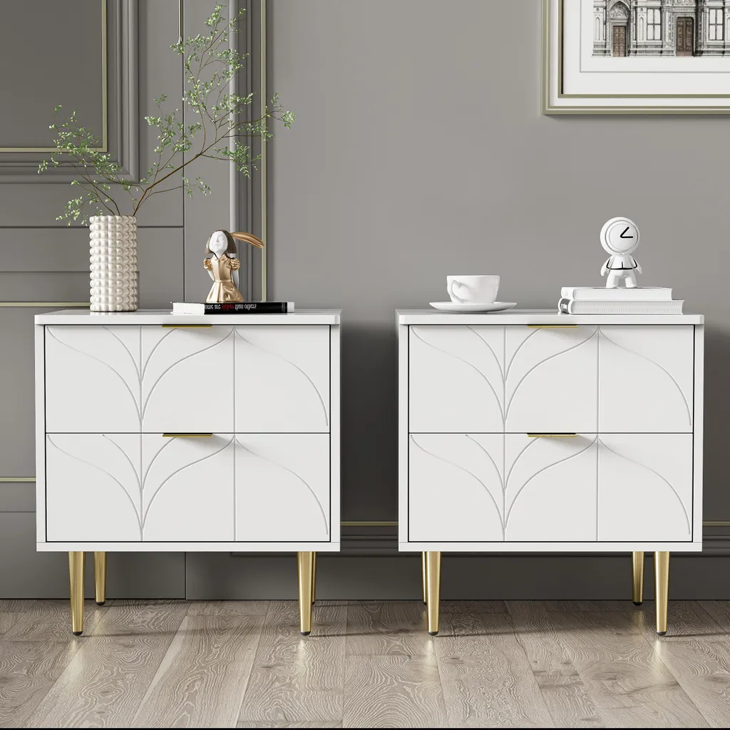 Table de Nuit Laquée Blanche avec Tiroirs à Motif Floral et Anti-choc