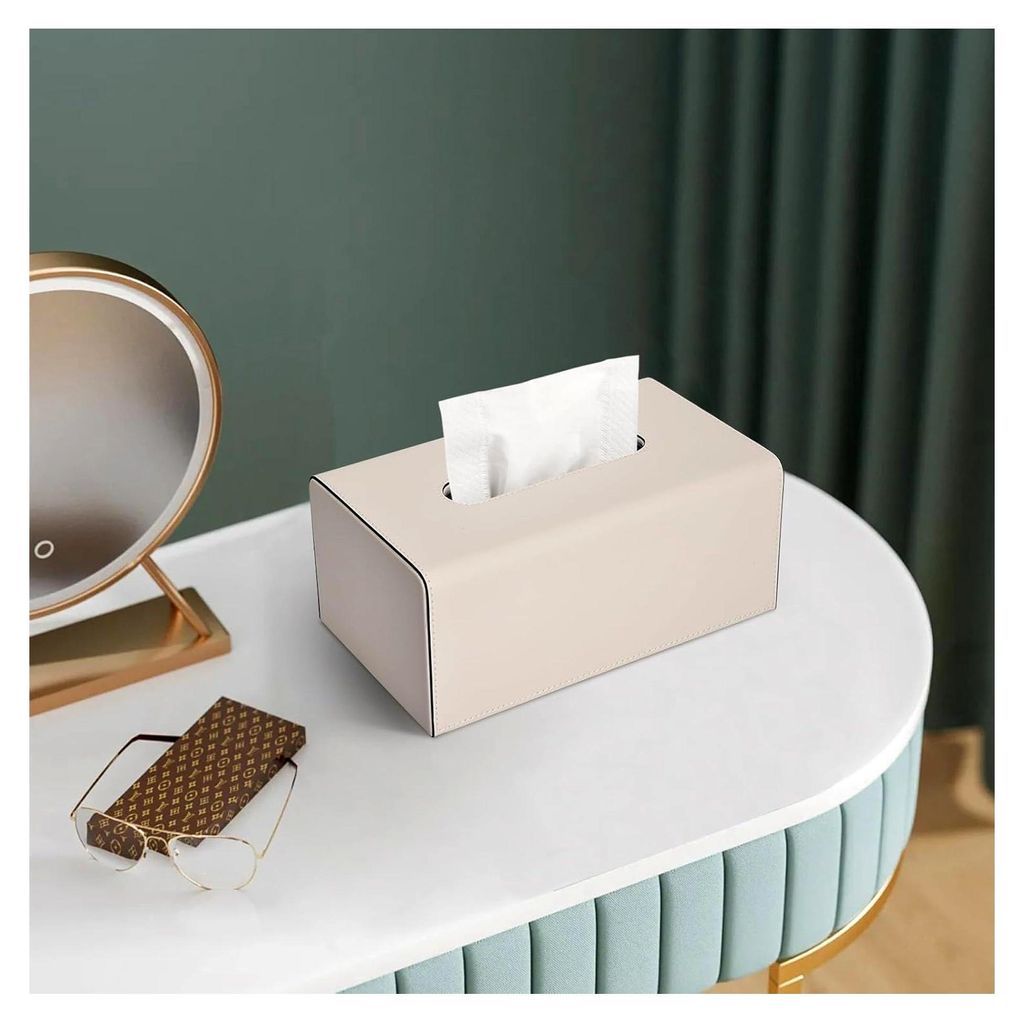 Kunstleder Kosmetiktücherbox für Büro, Auto und Zuhause (Beige, Rechteckig)