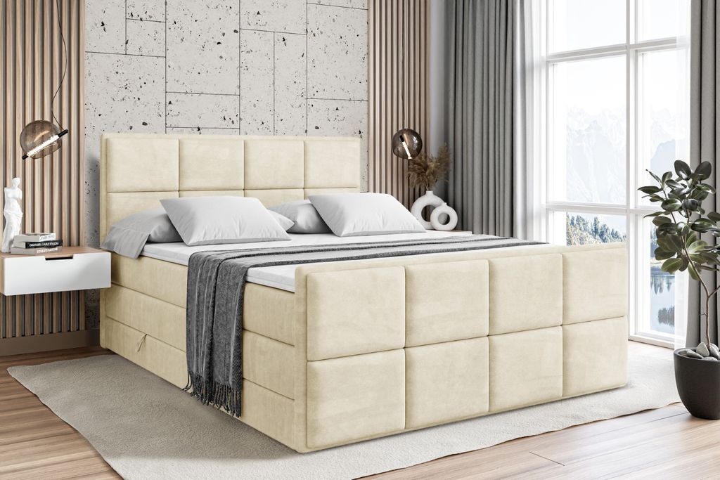 ALTDECOR Boxspringbett mit Fußteil, 2 Matratzen und Topper - 160x200 cm - NOVA-Z KING - Beige Samt - Polsterbett mit, H3- und H4- Matratzen, Bettk...
