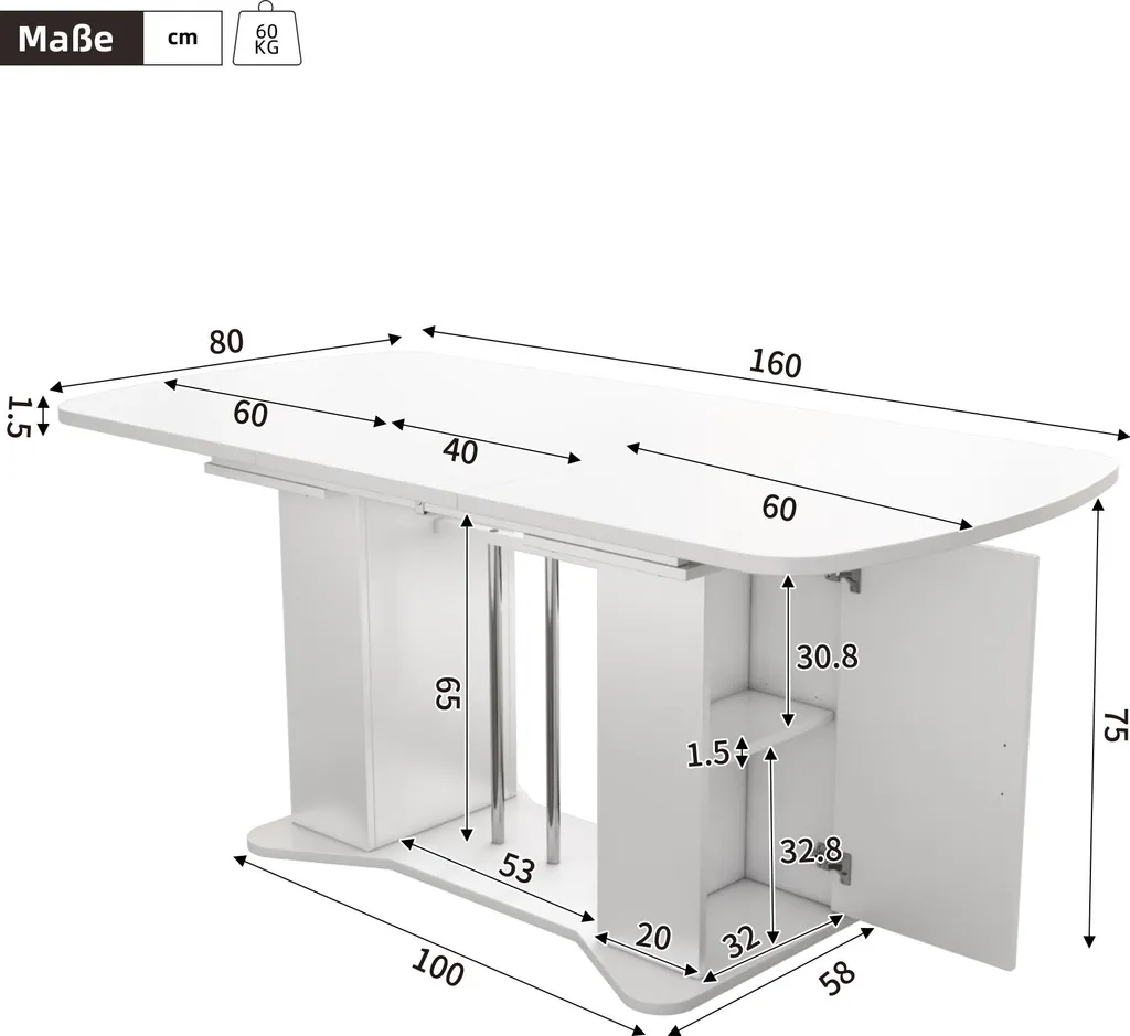 Table blanche design extensible avec rangement et pieds en métal