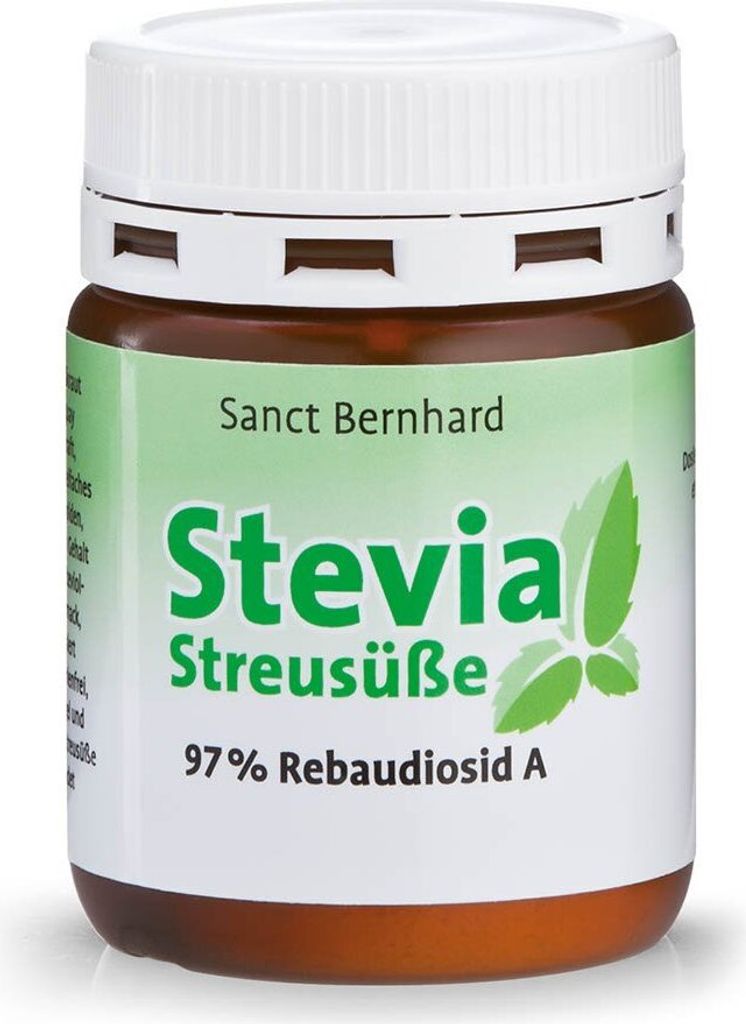 A product shot of a bottle of Sanct Bernhard Stevia Streusüße.