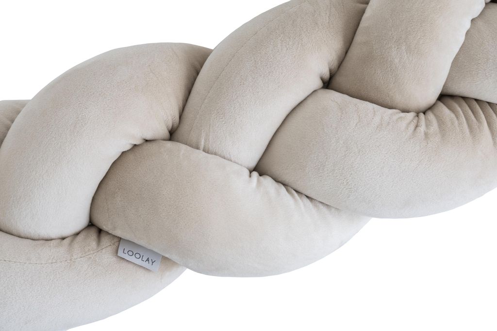 Geflochtene Bettschlange aus VELOURS SAMT 200 cm – Zugluftstopper, Bettumrandung, Dekokissen für Babybett & Wickeltisch, BEIGE Velour