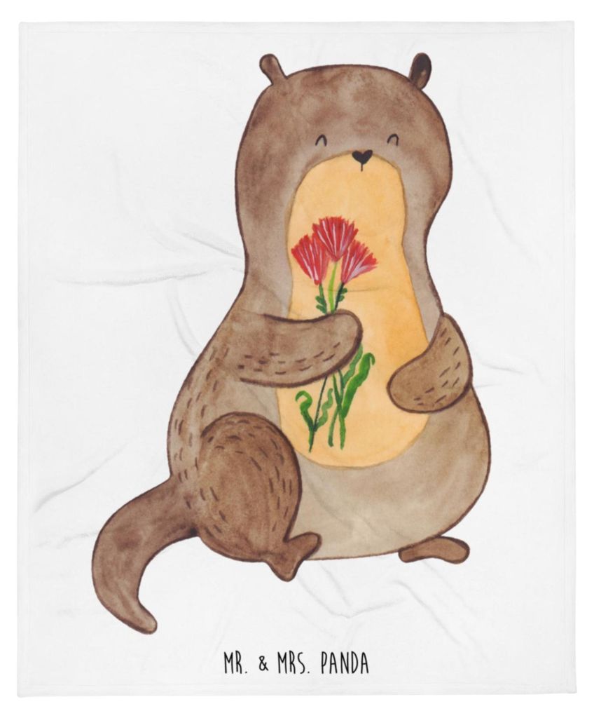 Mr. & Mrs. Panda Bettdecke Otter Blumenstrauß - Weiß - Geschenk, Seeotter See, Süß, Tagesdecke, Sofadecke, Kuscheldecke, Decke, Plaid, Niedlich