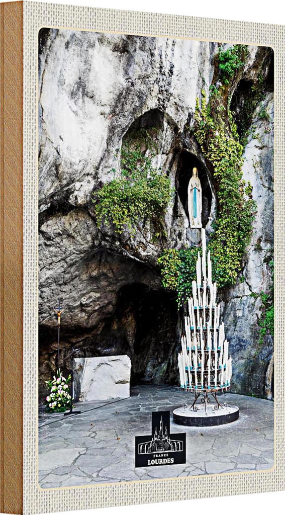 Holzschild Reise 20x30cm Frankreich Lourdes Jesud Kerzen Natur