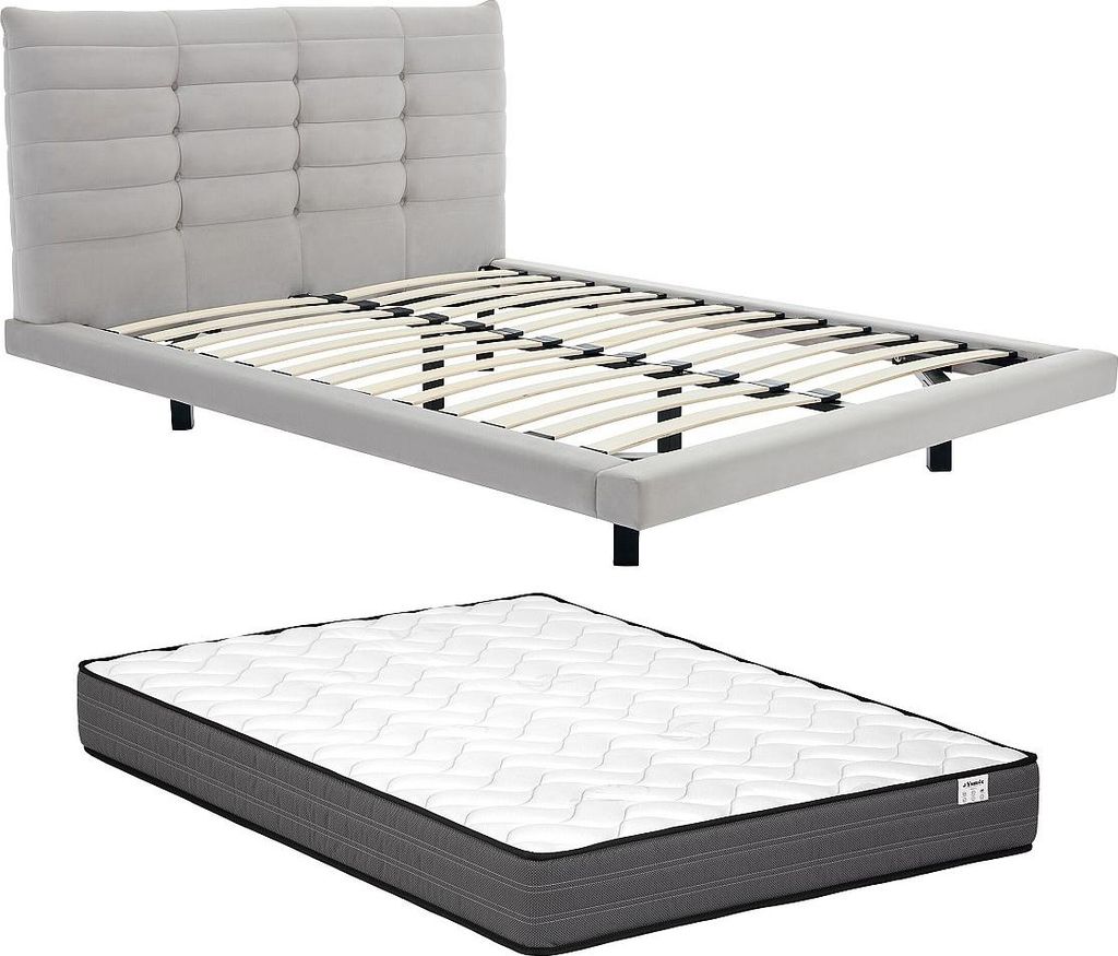Bett 160 x 200 cm mit gestepptem Kopfteil - Velours - Grau + Matratze - NISATIO