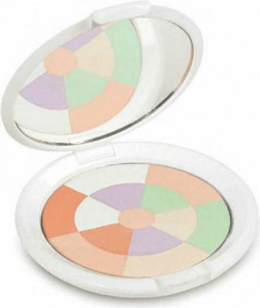 A makeup compact with a mirror, showing a mosaic of colored powders.