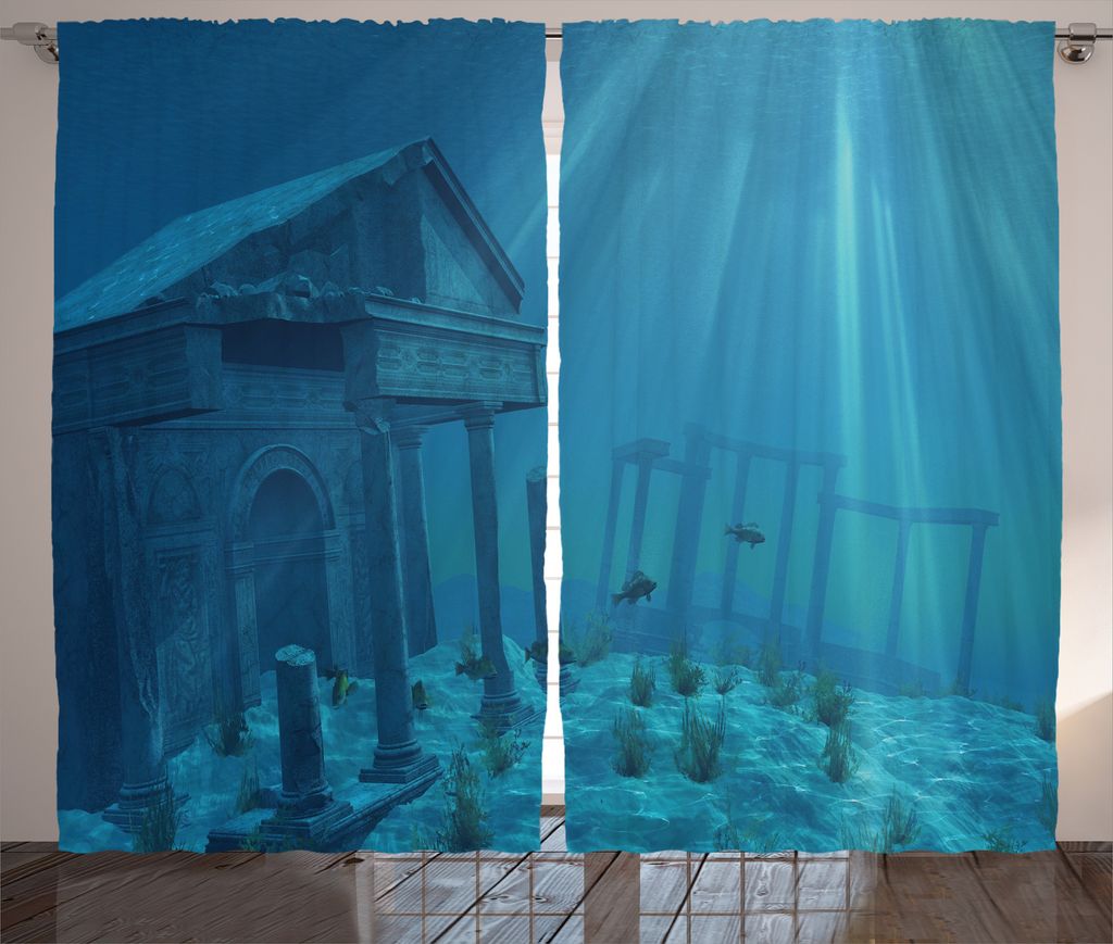 ABAKUHAUS Ozean Rustikaler Gardine, Sun Rays über Ruinen Sea, Schlafzimmer Kräuselband Vorhang mit Schlaufen und Haken, 280 x 225 cm, Knickente
