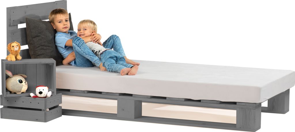 sunnypillow 90x200 cm Palettenbett mit Kopfteil Grau Massivholzbett Bett aus Paletten Palettenmöbel Fichte europalette Anthrazit Grau 80 90 100 12...