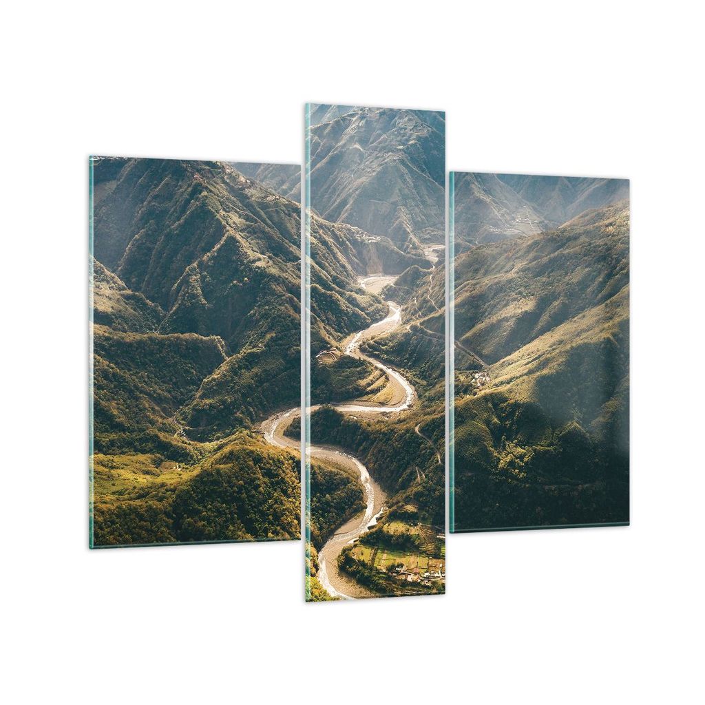 Bilder auf glas - 3 Teile - Berge Weg Wald - 95x80cm - Glasbilder - Wandbilder - Bilder - Kunstdruck - zum Aufhängen bereit - Wanddekoration aus G...
