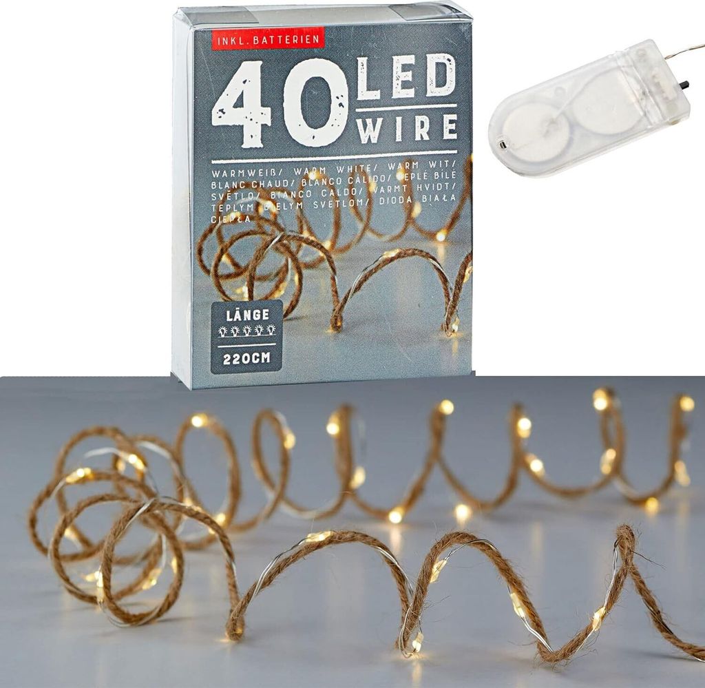 LED Lichterkette Mikro Draht auf Juteschnur 240cm 40 LEDs