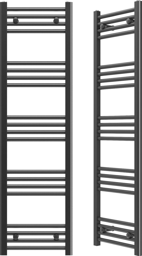 Two views of a black radiator towel warmer.